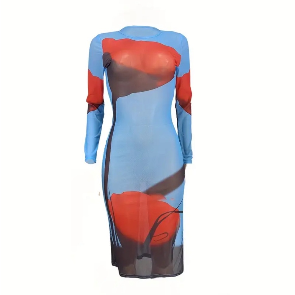 Blue Mesh Side Split Women's Dress